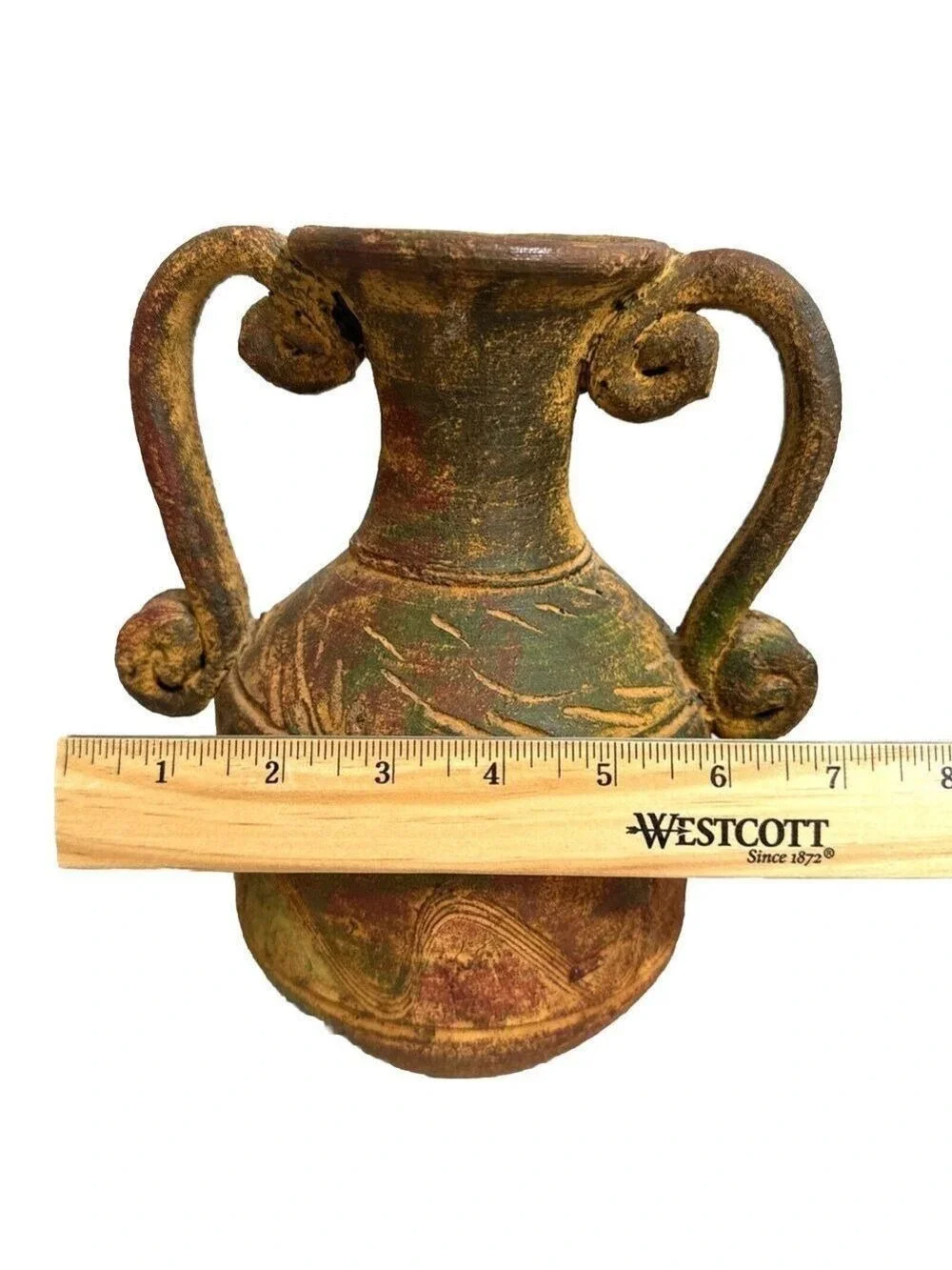 Vintage Rustic Handmade Mexican Clay 2 Handle Pottery Vase Artisan Earth Tones